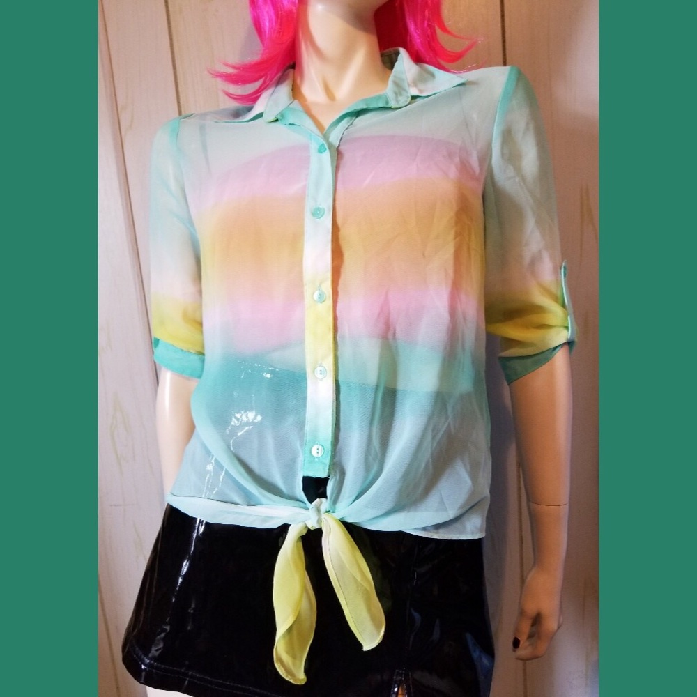 🌈A. BYER Sheer Pastel Rainbow Tie Front Button down Top
